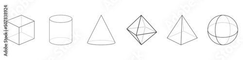 Set of different 3D geometric shapes. Cube, pyramid, sphere, cylinder, cone, rombe, isolated on white background. Vector illustration.