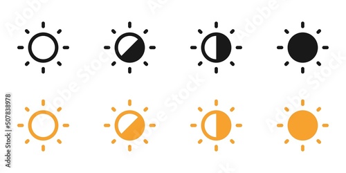 Set of linear suns. Screen modes icons set. Simple sun buttons. Screen brightness and contrast level control icons. Vector illustration. photo