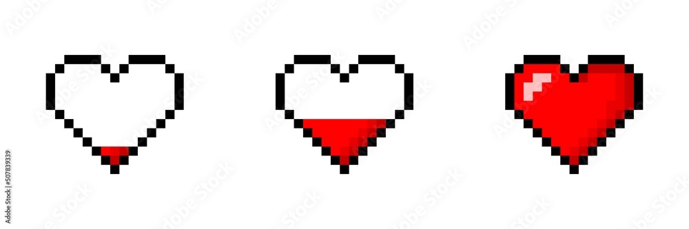 Pixel heart set. Love and video game concept. Pixel game life bar. Vector art 8 bit health heart bar. Gaming controller, symbols set. Pixel heart set. Love and video game concept. Pixel game life bar. Vector art 8 bit health heart bar. Gaming controller, symbols set.