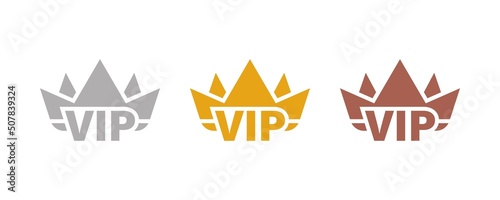 Set of VIP badges in gold, silver and bronze color with crown. Your level regarding color. Luxury label with three vip level. Vector illustration.