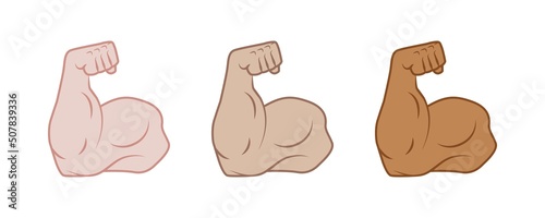 Strong arms, biceps icon. Strong, muscular arms of different skin tones. Bodybuilding, powerlifting. Sports symbol. Sports logo. Vector illustration.