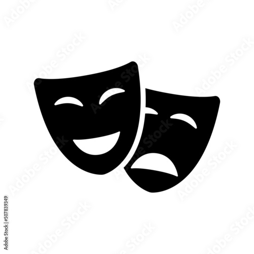 Comedy and drama face mask black icon. Happy and sad mood. Flat isolated illustration. Vector illustration.