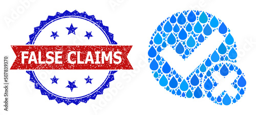 Vector mosaic false positive, and bicolor grunge False Claims seal stamp. False positive mosaic for pure water ads. False positive is created with blue clean liquid raindrops.