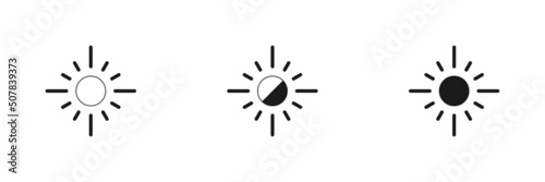 Set of linear suns. Dark and light theme toggle. Screen modes icons set. Screen brightness and contrast level control icons. Vector illustration.