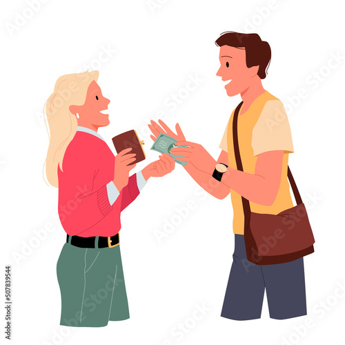 Woman giving money to man vector illustration. Cartoon young female character holding wallet and currency to give to guy, people talking isolated on white. Financial family support, gift concept