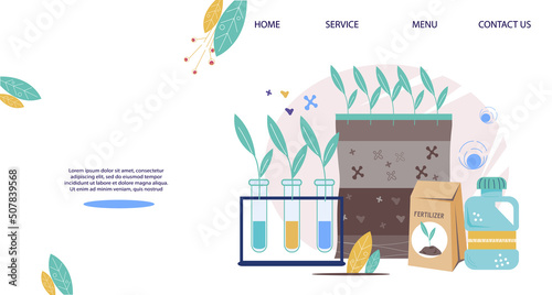 Mineral and chemical fertilizers manufacturing. Website banner for agronomical plant fertilizers production for horticulture and gardening, flat vector illustration. photo