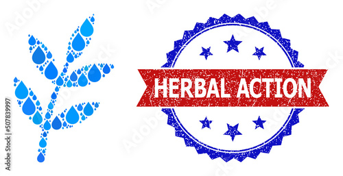 Vector mosaic plant sprout, and bicolor rubber Herbal Action seal. Plant sprout mosaic for pure water advertisement. Plant sprout is composed with blue clear aqua dews.