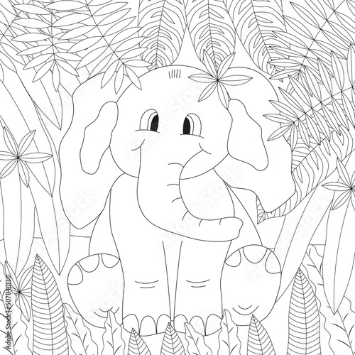 Fototapeta Naklejka Na Ścianę i Meble -  Coloring book page for kids with an elephant in the jungle. Cute animal art.