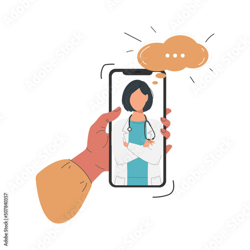 A cartoon flat human hand holding a smartphone with a video call to a female doctor on the screen, using a mobile app for advice or counselling, isolated on a white background.