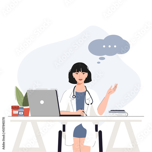 A female doctor in a white uniform sits at her desk with a laptop and gives online advice. The concept of online medicine.