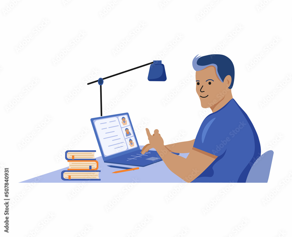 Student training learning online at home, connected to teachers. Concept of e-learning, online education, home schooling, web courses, tutorials at home, isolated flat illustration on white background