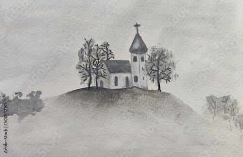 Church on the hill - watercolor in black and white