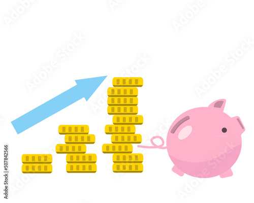 Graph up arrow on coin stacks with piggy bank. Money concept. Vector illustration 