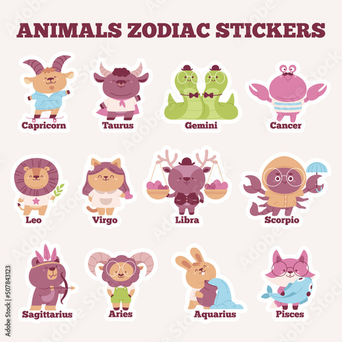 Рoroscope symbols stickers in the form of animals waiting for children on a white background