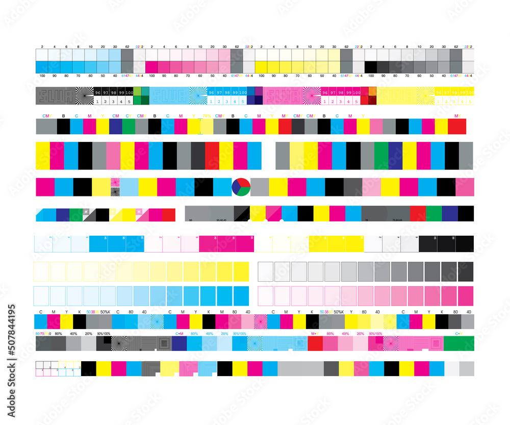 Vecteur Stock CMYK print test control scales. Print control strips color  cmyk for prepress and print. Vector set color bar CMYK and test chart  offset. | Adobe Stock