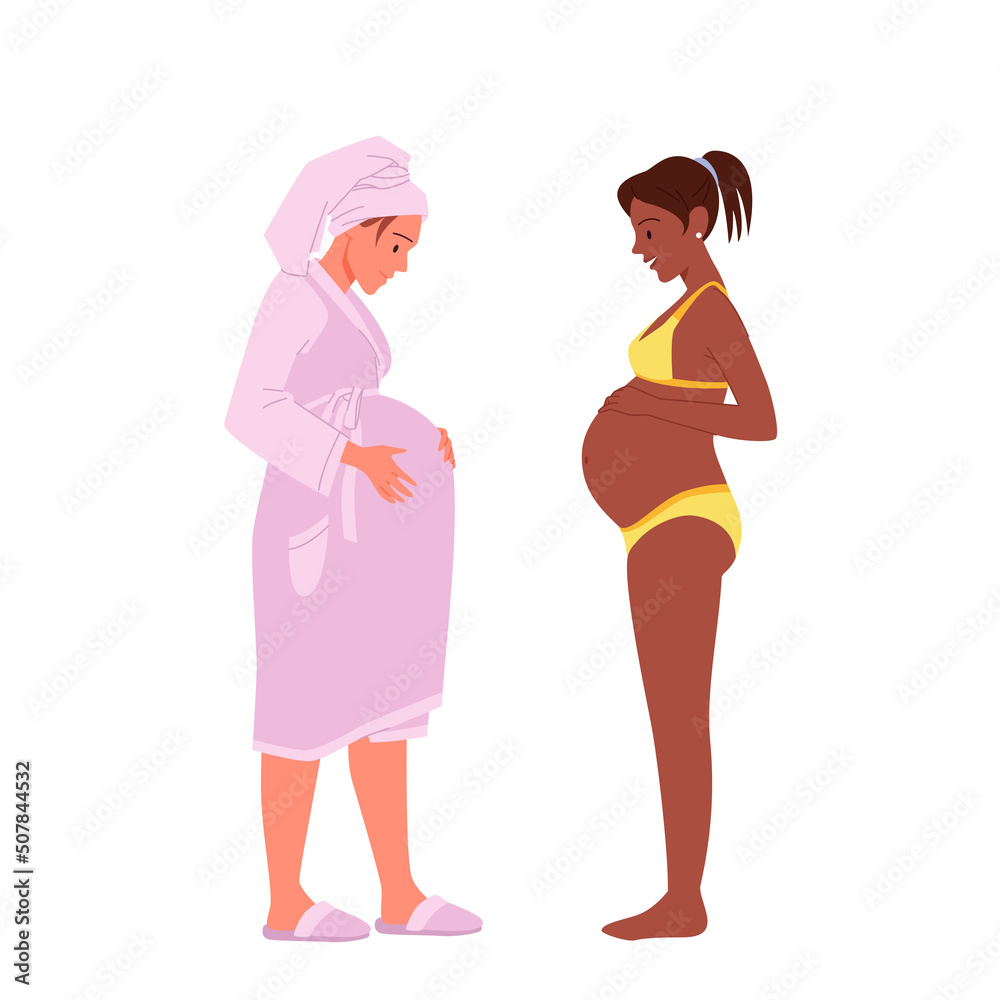 Pregnant women set vector illustration. Cartoon female character in bathrobe, towel and home slippers and woman in swimsuit holding belly with hands, future moms waiting kids isolated on white
