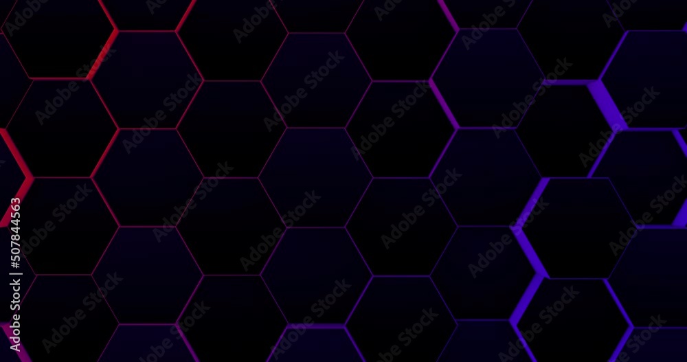 Wall of Random shifted neon honeycomb hexagon background metaverse, streaming concept.