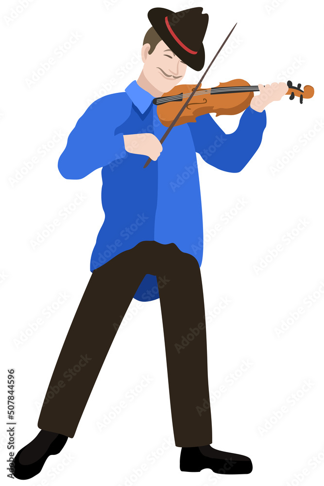 Vector illustration of violinist in fedora hat, blue shirt and dark trousers with violin. Isolated on white background. Vector illustration of violinist in fedora hat, blue shirt and dark trousers with violin. Isolated on white background.