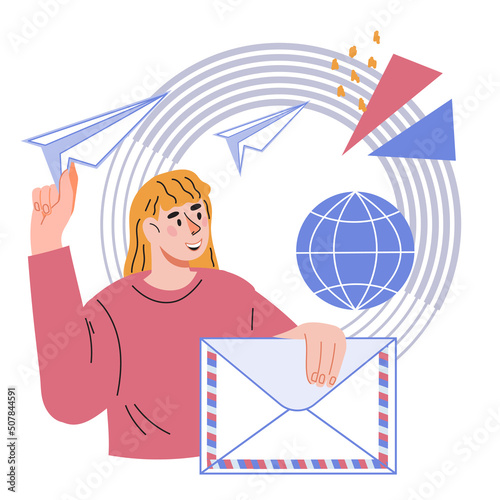 Businesswoman sending and receiving letters. Mail business communication and SEO promotion, content management, flat cartoon vector illustration isolated on white background.