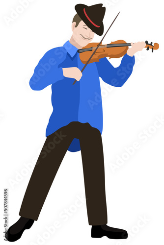 Vector illustration of violinist in fedora hat, blue shirt and dark trousers with violin. Isolated on white background.