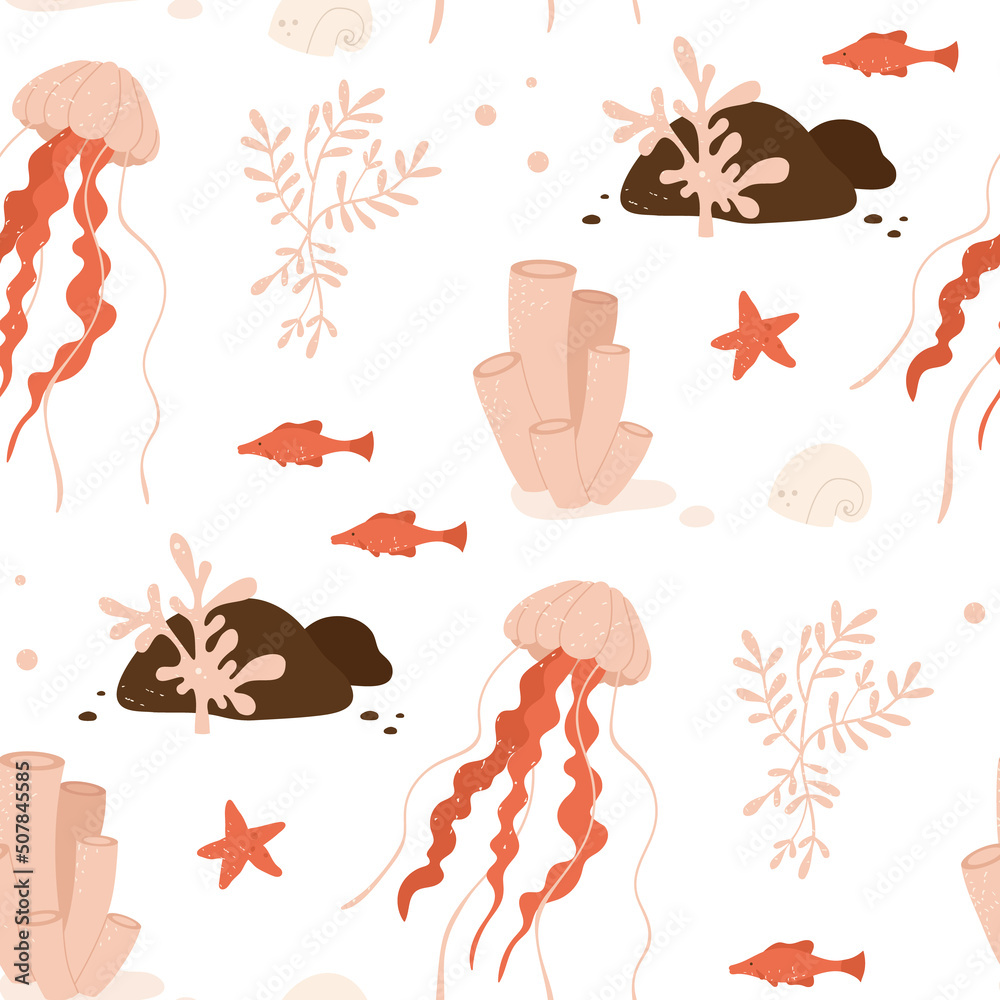 Ocean flora and fauna seamless pattern with jellyfish, fish, seaweed, seashell. Underwater Creatures. Sea and ocean aesthetic. Isolated vector background for wrapping paper fabric, textile 
