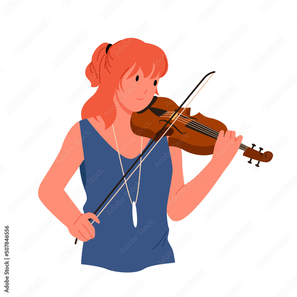 Pretty woman playing violin. Female violinist performing, professional orchestra musician, instrumental live show, solo concert, acoustic music presentation vector illustration
