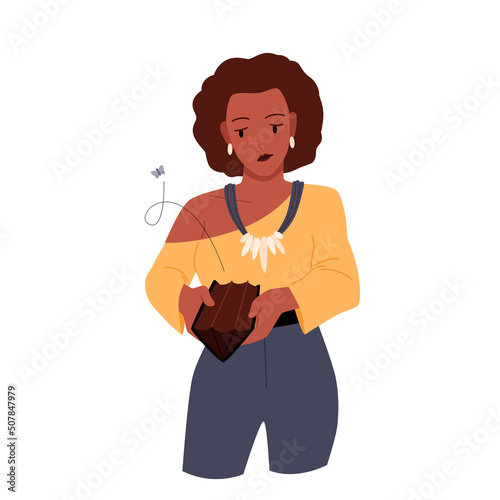 Unhappy woman has no money. Lady with empty wallet, personal financial problems, finance bankruptcy, lack of cash dollars, unemployed broke girl, no salary vector illustration