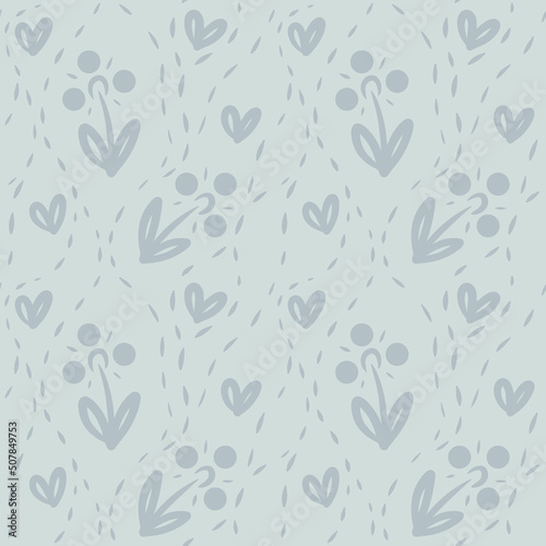 seamless pattern with flowers berries and hearts hand drawn doodle style.