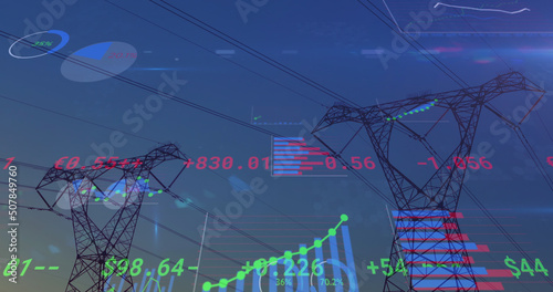 Financial data processing over high voltage towers against blue sky
