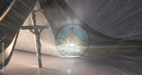 Composite image of church icon and spot of light against rosary over holy bible
