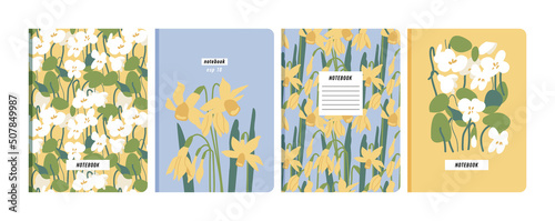 Vector illustartion templates cover pages for notebooks, planners, brochures, books, catalogs. Flowers wallpapers with with tulip and bindweed.