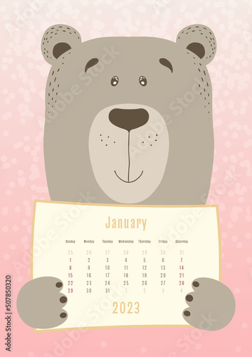 2023 january calendar, cute bear animal holding a monthly calendar sheet, hand drawn childish style.