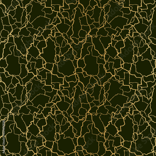 kintsugi art seamless pattern with gold thin lines and abstract shards on dark luxury background.