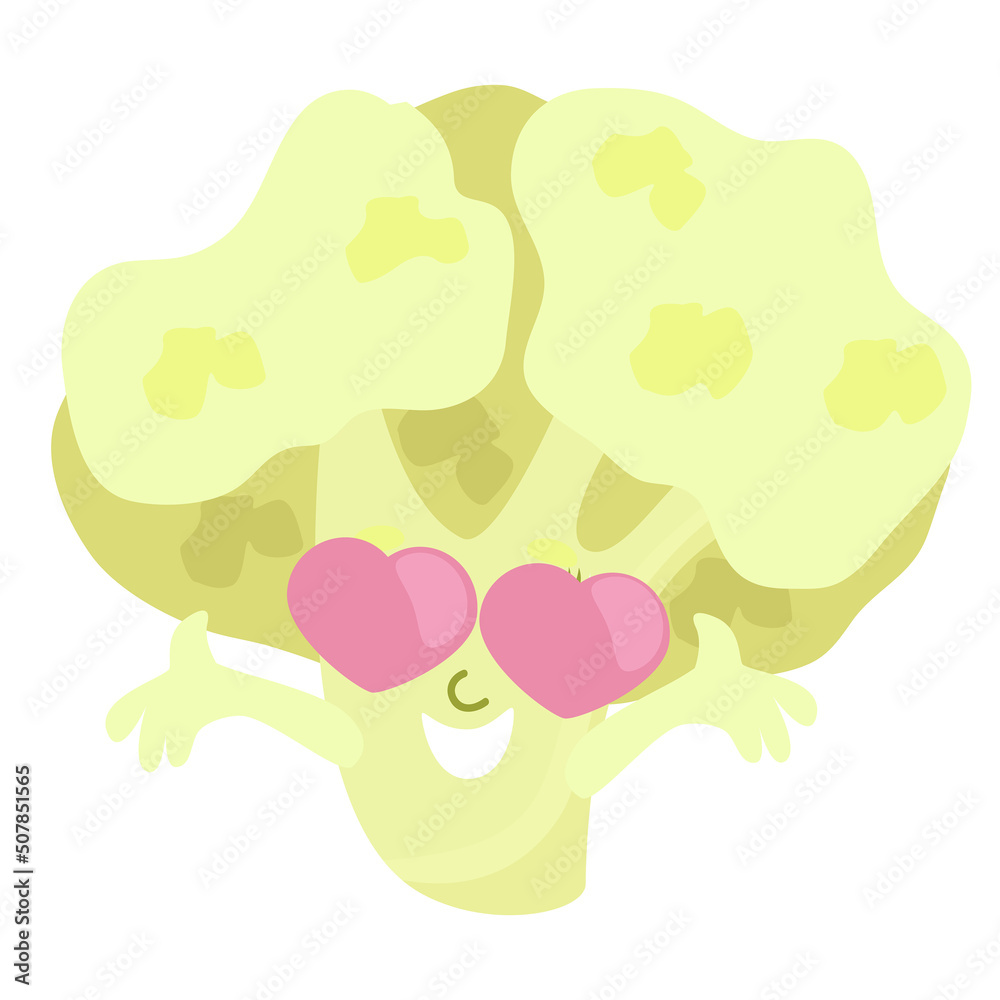 Cheerful cauliflower with heart-shaped eyes is in love and she is happy and smiling. Cartoon style character design for icons or baby products isolated on white background. Cheerful cauliflower with heart-shaped eyes is in love and she is happy and smiling. Cartoon style character design for icons or baby products isolated on white background.