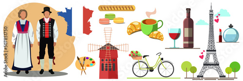 Set of illustrations - France. Characters in national costumes. Croissants with a cup of coffee, macaroons, baguette. Eiffel Tower, Moulin Rouge, and other symbols of France. Vector illustration