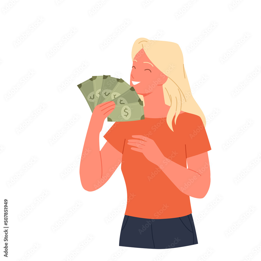 Happy excited girl holding dollars bills. Satisfied lady showing money, successful rich woman with cash, businesswoman personal budget, salary payment day vector illustration Happy excited girl holding dollars bills. Satisfied lady showing money, successful rich woman with cash, businesswoman personal budget, salary payment day vector illustration