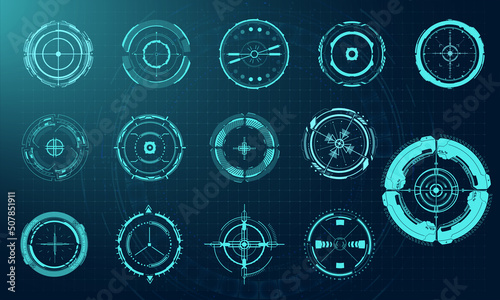 A large set of futuristic sights isolated on a blue background. The pattern of optical sights designator, target or crosshair sniper scope, targets is well suited for games. Gaming and hi-tech. Vector photo