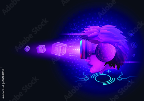 Metaverse Technology concept. A woman head facing to use VR virtual reality goggle for experiences of metaverse virtual world