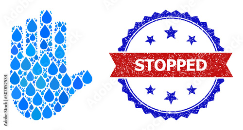 Vector mosaic stop hand, and bicolor dirty Stopped seal stamp. Stop hand collage for clean drink advertisement. Stop hand is designed with blue drinking water tears.