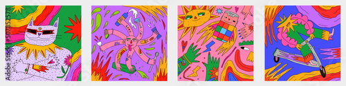 1970 psychedelic  poster, hippie poster. Cool placard with rainbows, stars, quirky characters, dudes.Funky 70s good vibes,trippy art.Modern naive concept