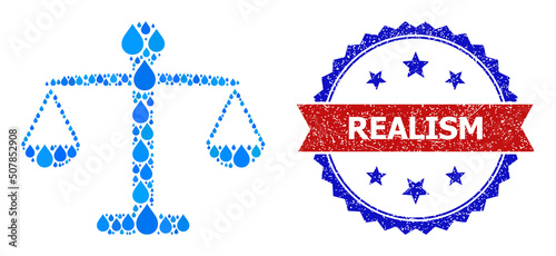 Vector mosaic weight balance, and bicolor unclean Realism seal stamp. Weight balance collage for pure beverage advertisement. Weight balance is designed with blue drinking water dews.
