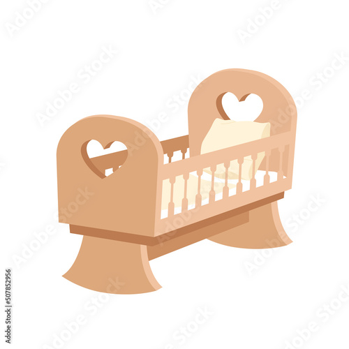 Rocking wooden cradle bed for newborn baby vector illustration. Cartoon cute cot with railings and hearts, pillow, mattress and blanket for infant girl or boy, nursery furniture isolated on white