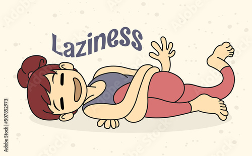 Funny laziness concept with sleeping young girl. Owerworked cartoon woman. Lazy Sport.