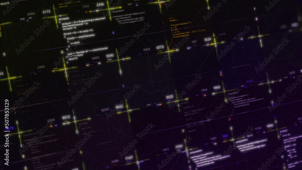 Programming blocks of code with glitch effect on purple background ...