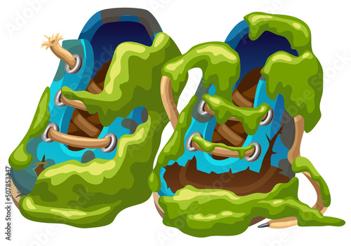 Dirty old shoes in moss and swamp lichen. Boot tattered after campaign. Cartoon game object. Isolated vector illustration.