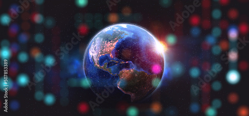 Fototapeta Naklejka Na Ścianę i Meble -  Cyber space of outer orbits. Information flows of the digital universe. 3D illustration of a planet surrounded by computer data. Element of this image furnished by NASA