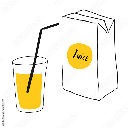 Illustration of a package of orange juice and a glass with a straw in a hand drawn style