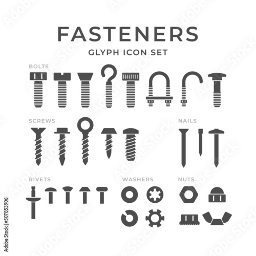 Set glyph icons of fasteners