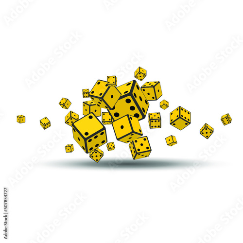 Flying yellow dices of different sizes isolated on white background with shadow. Abstract casino design background, banner with place for your text. Design template. 3d style. Vector illustration
