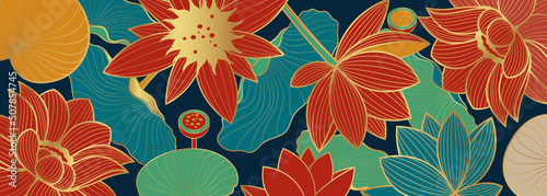 Vector banner with golden lotus flowers  on a blue background. Chinese background	